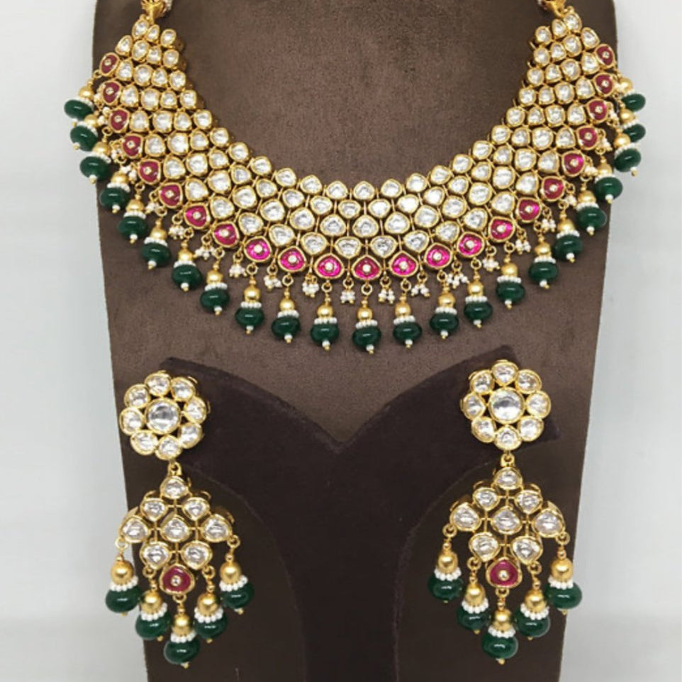 Vilandi Kundan Polki Necklace with lovely earrings - Next to real gold look - MR Jewels